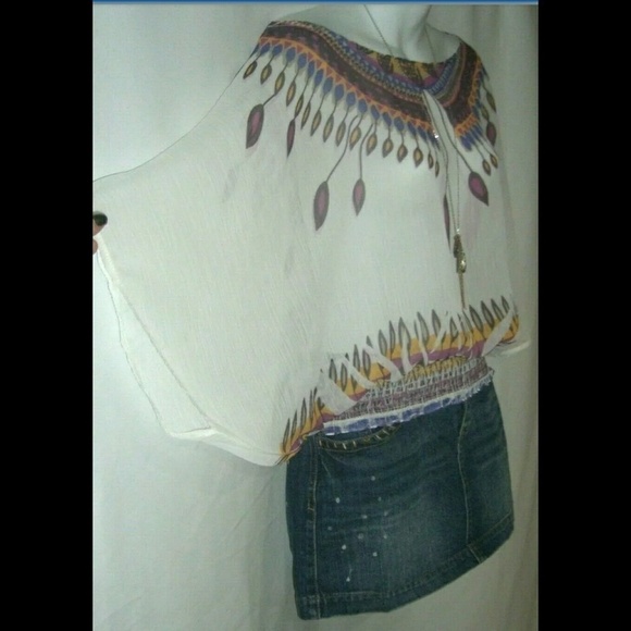 y2k Wet Seal Blouse Batwing Sleeves White Purple Bohemian Print Sheer Boho Top M - Picture 2 of 8